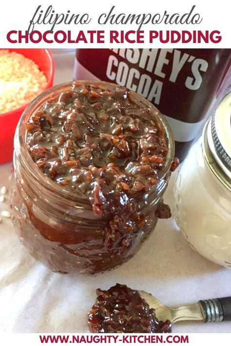 Get your chocolate fixation on with this Filipino Champorado Chocolate Rice Pudding! You’ll think it’s the Breakfast of Champions but made for any time of the day. #naughtykitchen #chocolatericepudding #chocolatepudding #filipinodessert #filipinoricepudding #filipinochamporado #champoradofilipino #champoradorecipe #breakfast Chocolate Rice Pudding, Dairy Free Dessert Easy, Chocolate Porridge, Rice Pudding Recipes, Drink Inspiration, Chocolate Protein Powder, Dairy Free Dessert, Dairy Free Milk, Breakfast Of Champions