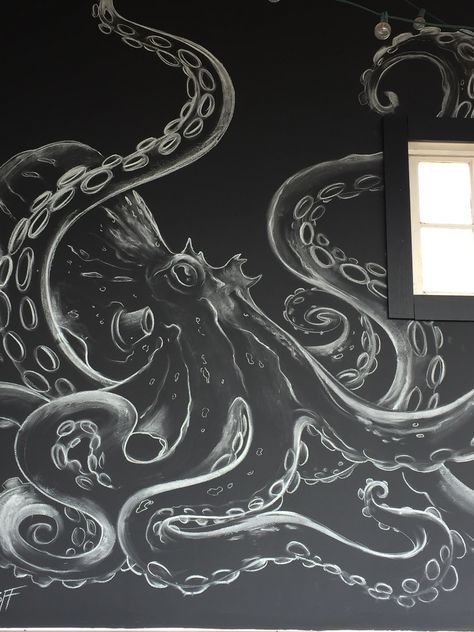 Octopus Mural, Sketching People, Chalkboard Wall Art, Chalk Wall, Painting Walls, Octopus Art, Wall Drawing, Chalkboard Wall, Style Deco