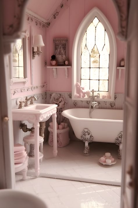 a hyper femme all pink bathroom. vintage shabby chic and coquette aesthetics, white vintage tub and cute pink girly sink. pink towels and pink soaps, a pink lamp fixed to the wall. a an antique arched window. Coquette House Entrance, Coquette Cottage Exterior, Coquette Restroom, Pink Cottagecore Bathroom, Pink Cottage Bathroom, Coquette Entryway, Pink Coquette Bathroom, Coquette House Interior, Coquette Houses