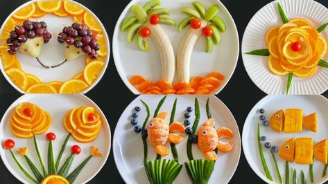 Fruits And Vegetables Decoration Ideas, Fruit Decorations Ideas, Kids Fruit Ideas, Creative Fruit Tray Ideas Food Art, Fruit Design Ideas Food Art, Fruit Salad Decoration Ideas For Kids, Salad Decorations Ideas, Fruits Design Ideas, Cut Fruit Ideas