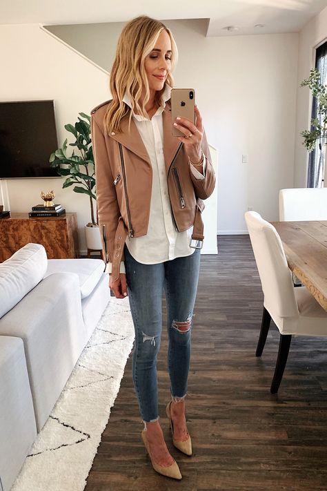 Fashion Jackson Wearing Allsaints Blush Leather Moto Jacket White Button Down Shirt Denim Ripped Skinny Jeans Nude Pumps Blush Leather Jacket, Cardigan Dress Outfit, Leather Jacket Fashion, Beige Leather Jacket, Cardigan Dress, Nordstrom Sale, Fashion Jackson, Leather Jacket Outfits, Mode Casual