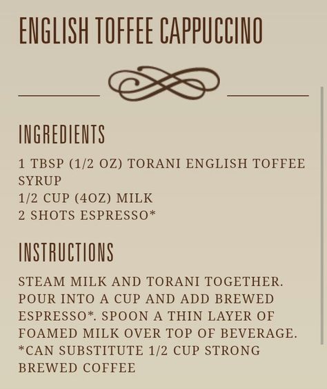 English Toffee Cappuccino Recipe, English Toffee Coffee Recipe, Toffee Coffee Recipe, Ninja Coffee Bar Recipes, Espresso Drink Recipes, French Vanilla Cappuccino, French Vanilla Syrup, Homemade Coffee Drinks, Cappuccino Recipe