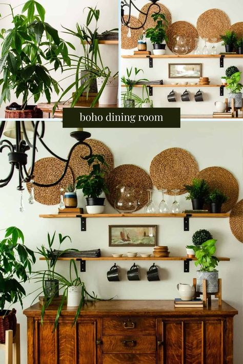 Bohemian Style Dining Room, On Wall Shelves, Boho Dining Room Decor, Dining Room Decor Ideas, Bohemian Dining Room, Boho Dining Room, Nordic Winter, Inexpensive Decor, Buffet Decor