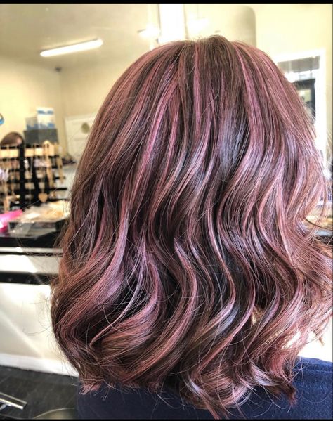 Dark Rose Gold Hair Balayage, Brunette Hair With Rose Gold Highlights, Rose Gold Highlights On Dark Hair, Rose Gold Highlights Short Hair, Light Brown Pink Highlights, Rose Gold Highlights Black Hair, Dusty Rose Highlights, Rose Brown Highlights, Rose Gold Highlights Brunette