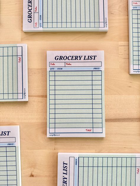 Errands to run? Slip one of these Guest Check Grocery List Notepads into your bag. Each notepad contains 50 sheets of charming paper for your shopping lists, with columns for quantities and prices. Glue bound at the top for easy ripping. Dimensions: 4" x 6" Grocery List Design, Things I Want To Buy List, Cute Stationery Aesthetic, Easy Grocery List, Fun Stationary, Potion Seller, Gift List Printable, Notepad Design, Budget Gifts