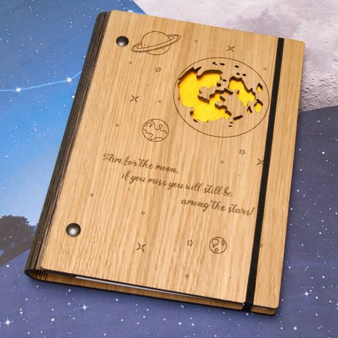 Wood Cover Journal, Moon Notebook, Wood Notebooks, Handmade Wood Crafts, Wooden Moon, Wooden Notebooks, Laser Cut Wood Crafts, Diary Planner, Wooden Books