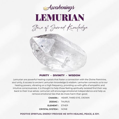 Lemurian Quartz is a unique and powerful crystal that is believed to hold ancient wisdom and spiritual knowledge. It is named after the lost civilization of Lemuria and is said to have been used by the Lemurians to record and transmit spiritual teachings and insights. Here are some of the key benefits of Lemurian Quartz: Enhancing spiritual growth and awareness - Lemurian Quartz is a powerful crystal for enhancing spiritual growth and awareness. It can help you connect with higher realms of cons Lemurian People, Releasing Negative Energy, Spiritual Knowledge, Lemurian Crystal, Lemurian Quartz, Crystal System, Crystals Healing Properties, Crystal Therapy, Crystal Healing Stones