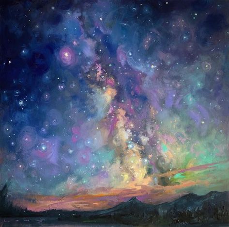 Space Oil Painting, Milky Way Painting, Galaxy Ideas, Woods Artwork, Sky Landscape Painting, Sky Paintings, Chris Long, Night Sky Art, Long Painting