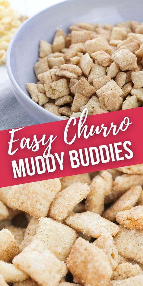 Churro Chex Mix Muddy Buddies have all the sweet cinnamon sugar crunchy goodness of a traditional churro but take no time at all to make. So if you have been craving churros give this quick, easy snack a try. Sweet Churro Chex Mix Party Snack, Cinnamon Muddy Buddies, Churro Muddy Buddies Recipe, Easy Churro Dessert, Easy Sugary Snacks, Easy Churro Dessert Recipes, Churro Chex Mix Easy, Easy Churro Bites, Easy Recipes When You Have No Food