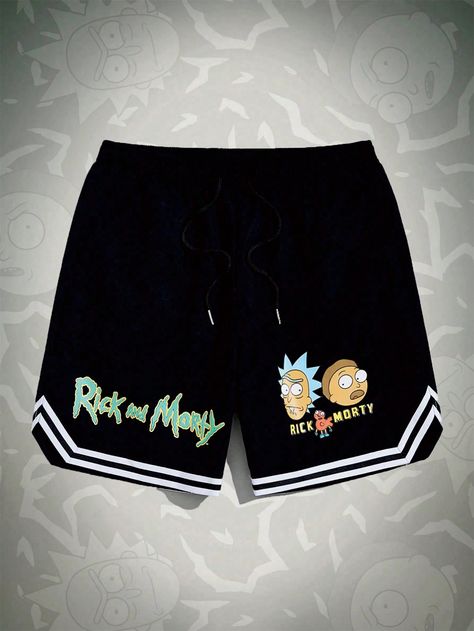 Black Casual Collar  Fabric Cartoon,Striped Straight Leg Embellished Non-Stretch  Men Clothing Men Cartoon, Sweat Pant, Drawstring Waist Shorts, Cartoon Letters, Casual Summer Shorts, Drawstring Hoodie, Rick And Morty, Kids Sleepwear, Men's Sweatpants