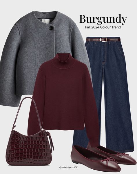 Ribbed round-neck sweater  - Women curated on LTK Burgundy Sweater Outfit Winter, Burgundy Sweater Outfit, Grey Top Outfit, Blue Denim Outfits, Autumn Shirt Outfit, Burgundy Turtleneck, Japan Autumn, Winter Sweater Outfits, Burgundy Outfit