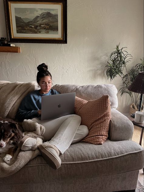 Cozy vibes, photo on the couch, working from home, dog mom, winter aesthetic, rainy day vibes, neutral tones, aesthetic living, organic modern home Cozy Picture Ideas, Comfy Cozy Aesthetic, Relaxing On Couch, Lazy Person Aesthetic, Relaxing On Couch Aesthetic, Lazy Mood, Cozy Couch Photoshoot, Cozy Productive Aesthetic, Cozy Photoshoot Ideas