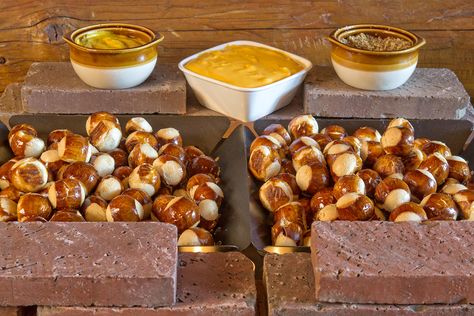 Mini Pretzel Bites, Pretzel Station, Soft Pretzel, Mini Pretzels, Country Chic Wedding, Soft Pretzels, Sapphire Wedding, Retirement Parties, Country Chic