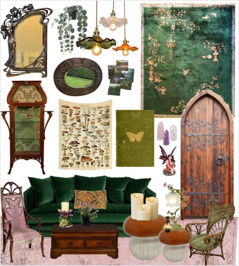 Fairycore Living Room Ideas, Fairycore Interior Design, Fairycore Living Room, Enchanted Forest Home Decor, Frog Bedroom, Art Nouveau Cabinet, Art Deco Carpet, Custom Wood Doors, Fantasy Decor