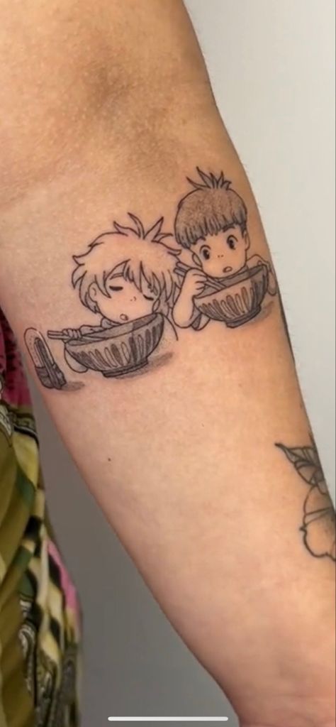 from tiktok idk who anymore The Wind Rises Tattoo, Ghibli Sleeve Tattoo, Ghibli Tattoo Minimalist, Ponyo Tattoo, Birth Marks, Tiktok Tattoo, Walle Tattoo, Whimsical Tattoos, Bookish Tattoos