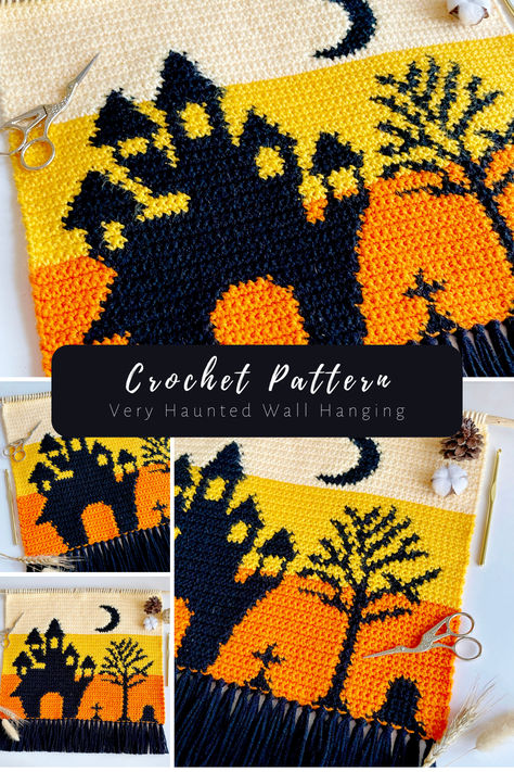 Introducing the Very Haunted Wall Hanging crochet pattern! A little spooky, a little creepy and perfect halloween home decor or a last minute addition to your fall market inventory. #crochet #crochetdesign #crochetpattern #crochetideas #crocheting #halloweenideas #halloweendecoration #hauntedhouse #halloween Crochet Halloween Tablecloth, Crochet Halloween Wall Hanging, Halloween Wall Hanging, Crochet Pattern Halloween, Wall Hanging Crochet, Fall Market, Halloween Tablecloth, Hanging Crochet, Fall Crochet