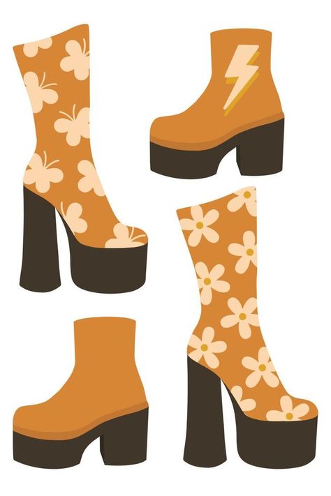 70s Heels, Cartoon Boots, Boot Drawing, 1960s Boots, Boots Illustration, Boots Drawing, 70s Boots, Boots With Heels, Hippie Shoes