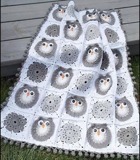 Crochet Owl Blanket Pattern, Owl Afghan, Crochet Owl Blanket, Virkning Diagram, Owl Crochet Patterns, Crocheted Blanket, Crochet Blanket Designs, Crochet Owl, Baby Afghan Crochet