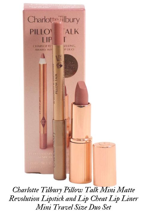 What it is: A mini lip set featuring Charlotte's iconic, bestselling Matte Revolution Lipstick and Lip Cheat Pencil for a dreamy, nude-pink, kissable look. This Set Contains: - 0.02 oz/ 0.8 g Lip Cheat Lip Liner in Pillow Talk - 0.05 oz/ 1.5 g Matte Revolution Lipstick in Pillow Talk Highlighted Ingredients: - Lipstick Tree and Orchid Extract: Visibly softens, protects, and hydrates lips. To use, start by applying Charlotte’s Lip Cheat Lip Liner This is my affiliate link Lips Pillow, Revolution Lipstick, Pillow Talk Lipstick, Charlotte Tilbury Pillow Talk, Charlotte Tilbury Matte Revolution, Matte Nude Lipstick, Batons Matte, Grande Cosmetics, Mini Makeup