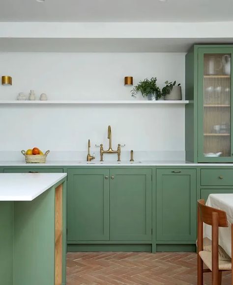 Farrow and Ball Calke Green 34 kitchen cabinets Green Farrow And Ball, Calke Green, Farrow And Ball Kitchen, Brixton London, Bespoke Kitchen Design, Barn Kitchen, Reeded Glass, Farrow And Ball, Kitchen Gallery