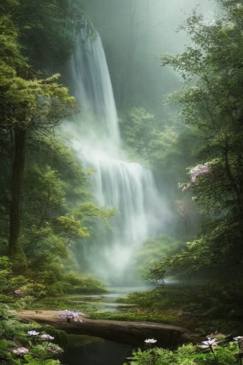 Waterfall Forest Painting, Ethereal Landscape Photography, Ethereal Woods, Ethereal Waterfall, Waterfall Mural, Fantasy Waterfall, Waterfall In Forest, Ethereal Landscape, Waterfall Forest