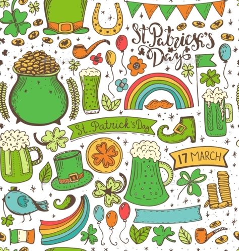 St. Patricks Day sketch seamless pattern. Hand drawn vectorillustration on white background. St Patrick’s Day Drawing, Patrick Drawing, St Patricks Day Symbol, St Patrick's Day Graphic Design, San Patrick Day, St Patricks Day Vector, Sant Patrick, St Patrick’s Day Clip Art, Vector Symbols