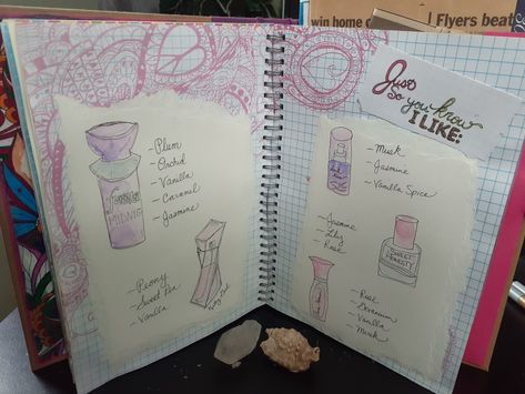 Decided to list and draw my favorite perfumes, the page doesn't smell anymore but it's still a very pretty piece Journal Pages, Scrapbook Pages, Art Journal, Bullet Journal, Art