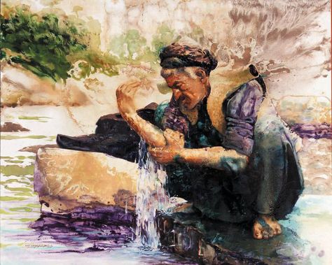 Kurdish art. Wudu in the river Before prayer Kurdish Art, Waterfall Art, Ethnic Art, Arabic Calligraphy Art, Arabic Art, Girls Cartoon Art, Calligraphy Art, Arabic Quotes, Mosaic Art