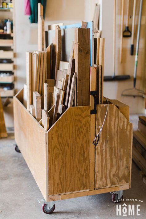 How to Build a Scrap Cart Organizer - Free Plans, Instructions and Photos Garage Shelving Plans, Lumber Storage Rack, Cart Organizer, Table Saw Station, Wood Cart, Plywood Storage, Lumber Rack, Ladder Storage, Table Saw Stand