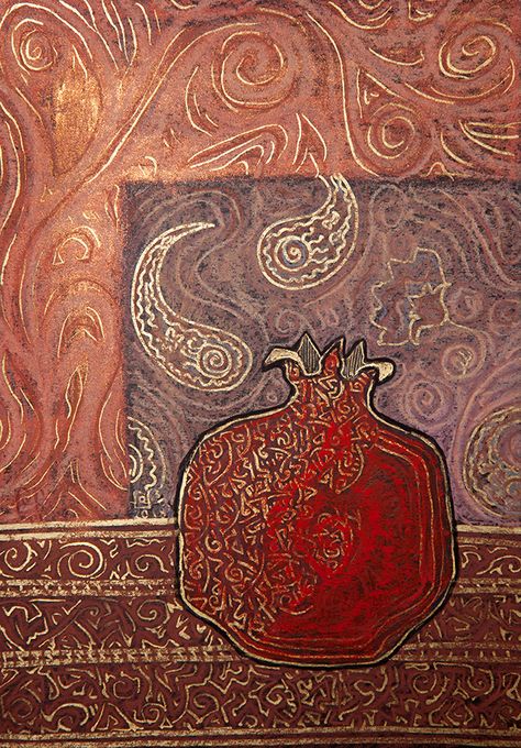 Golden Pomegranate, Pomegranate Art, Persian Art Painting, Jewish Art, Fruit Art, Art Painting Acrylic, Art Themes, Grocery List, Abstract Paintings