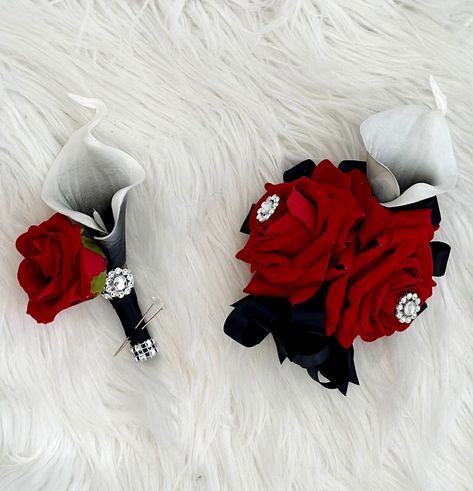 Corsage Red And Black, Black Corsage Prom, Red And Black Corsage, Red Rose Boutonniere, Red Boutonniere, Black Corsage, Black Calla Lily, Calla Lily Boutonniere, Cute Prom Proposals