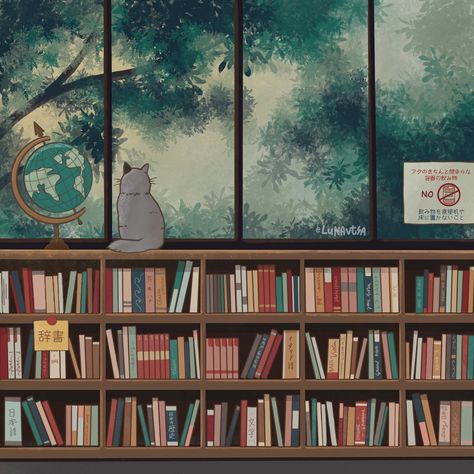 Studio Ghibli Academia, Ghibli Books Aesthetic, Book Themed Widgets, Whisper Of The Heart Library, Study Studio Ghibli, Studio Ghibli Reading, Book Club Aesthetic Wallpaper, Animated Notion Cover, Studio Ghibli School