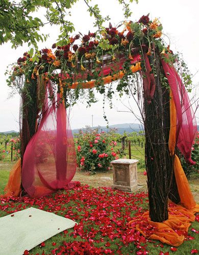 These floral and fabric accents would really enhance a beautiful wedding canopy (chuppah). Fall Wedding Arches, Wedding Outside, Wedding Color Palette, Deco Floral, Cool Ideas, Outdoor Wedding Ceremony, Halloween Wedding, Ceremony Decorations, Wedding Arch