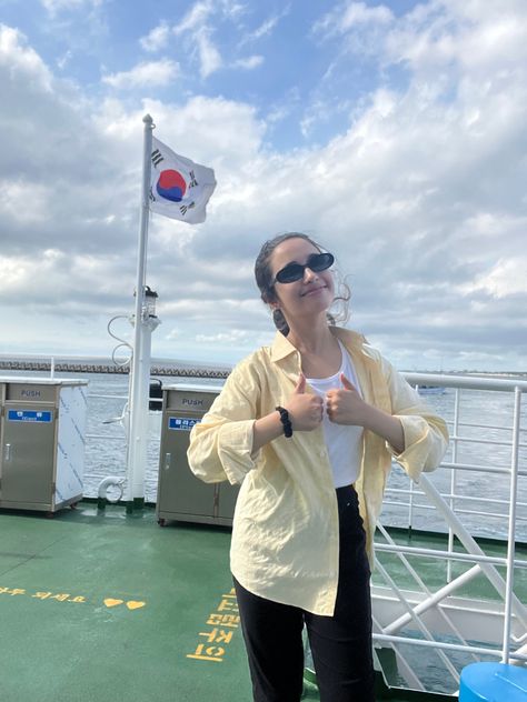 just casually looking at the sea in a ferry ride in my yellow button up dress shirt with black jeans and blavk scrunchie thumbs up pose a smile and black sunglasses with ponytail aesthetic Thumbs Up Pose, Ponytail Aesthetic, My Yellow, At The Sea, Head In The Clouds, In The Clouds, Button Up Dress, Black Sunglasses, The Clouds