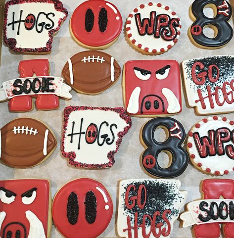 Arkansas Razorback cookies using glaze icing Arkansas Razorback Cookies, Razorback Cookies Decorated, Football Sugar Cookies Royal Icing, Razorback Cookies, Razorback Cake, Razorback Party, Football Sugar Cookies, College Cookies, Graduation Tea