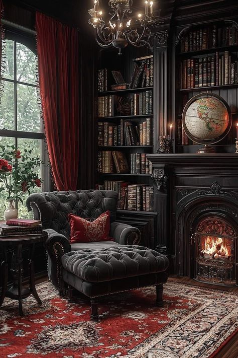 Academia Fireplace, Dark Academia Fireplace, Dark Academia Home Library, Dark Academia Furniture, Library Concept, Academia Library, Dark Academia Home, Library Fireplace, Book Obsession