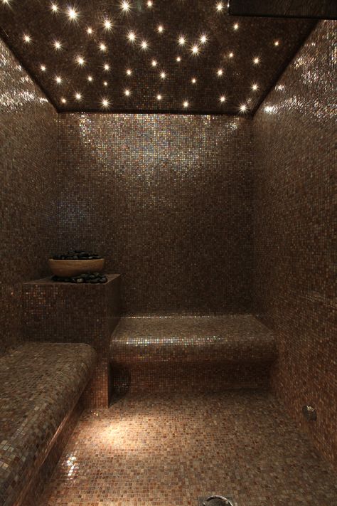 Lighting design by John Cullen Lighting Swimming Pool Lighting, Fiber Optic Star Ceiling, Home Spa Room, Bathroom Design Black, Fiber Optic Lighting, Star Ceiling, Sauna Design, Steam Bath, Sauna Room