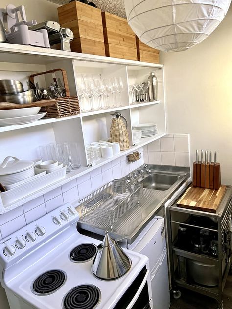 Shelf Over Sink, Minimalist Hygge, White Stove, Metal Cart, Kitchen Island On Wheels, Drawing Desk, Kitchen Studio, Space Apartments, Small Studio Apartment