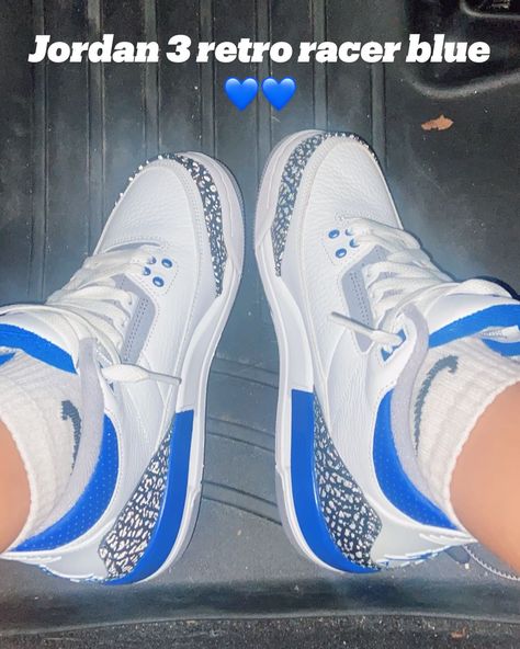 Jordans Retro 4 Women, Blue J4s, Jordan 3 Racer Blue Outfit, Blue Jordan 4’s, Racer Blue 3s Outfit, Jordan 3s Blue, Retro 3 Outfits Jordan, Air Jordan 3 Retro Outfit, White And Blue Jordans