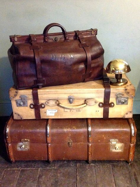 We specialise in providing a Selection of 19th Century Victorian Leather Luggage Travel Cases & Trunks, often with the Original Paper Labels to the Theatre, TV and Film to Hire or Buy,  Please contact for further assistance on a specific project. WWW.HUTCHISONANTIQUES.COM Old Luggage, Leather Trunk, Travel Trunk, Leather Suitcase, Old Suitcases, Travel Cases, Vintage Suitcases, Trunk Bag, Vintage Suitcase