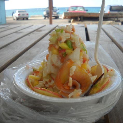 BAHAMIAN CONCH SALAD Conch Salad Recipe, Bahamian Recipes, Conch Recipes, Bahamian Food, Conch Salad, Raw Salad, Food Entrees, Mussels Recipe, Tropical Food