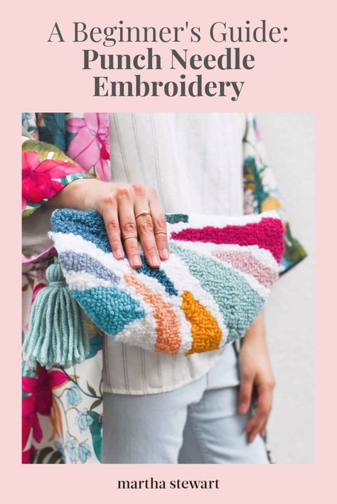 With everything on hand, follow along with our beginner-friendly project of a handmade clutch. #diy #embroidery #style #marthastewart فن النسيج, Embroidery Guide, Diy Clutch, Monks Cloth, Needle Embroidery, Punch Needle Patterns, Embroidered Clutch, Handmade Clutch, Needle Crafts