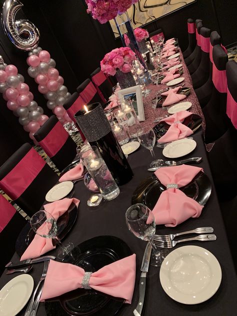 Pink Black Sweet 16, Light Pink And Black Birthday Decor, Sneaker Ball Food Ideas, 25 Shades Of Pink Party Ideas, Sweet 16 Pink And Black Theme, Black And Pink 18th Birthday Ideas, Pink Black And Silver Sweet 16, Pink Black Party Decorations, Sweet 16 Party Ideas Pink And Black