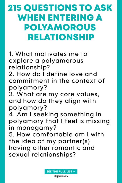 Explore 215 thought-provoking questions to consider when starting a polyamorous relationship. Communication and honesty are key in navigating the dynamics of polyamory. Use these questions as a guide to deepen your understanding of yourself and your partners in this unique relationship structure. Entering a polyamorous relationship requires self-awareness, open-mindedness, and respect for all individuals involved. Start meaningful conversations and explore mutual agreements to build strong found Relationship Definition, Relationship Communication, Open Mindedness, Polyamorous Relationship, Public Display Of Affection, Social Circles, First Relationship, Relationship Dynamics, Getting To Know Someone