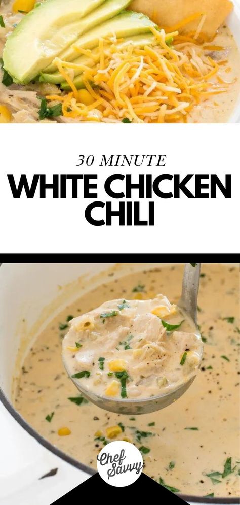 Save this Easy Creamy and Loaded White Chicken Chili Recipe! This White Chicken Chili is creamy, spicy, rich, and filling. The definition of comfort food! Loaded with ingredients like shredded chicken, diced green chiles, cannellini beans, and lime juice, this dish is sure to be a hit at the family table. Plus, you can have fun with the toppings! I like shredded cheese, avocado slices, a lime wedge, and tortilla chips. Follow Chef Savvy for more One Pot Meals! Best White Chicken Chili, Best Slow Cooker Chili, White Chicken Chilli, Vegetarian Quinoa Chili, Avocado Tortilla, Chef Savvy, White Chicken Chili Recipe, Slow Cooker Turkey Chili, Quinoa Chili