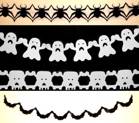 paper chains of spiders, ghosts, skulls and bats. Ghost Paper Chain, Library Crafts, Bat Craft, Crafts For Children, Paper Bat, Ghost Crafts, Ghost Skull, Spider Crafts, Skull Crafts