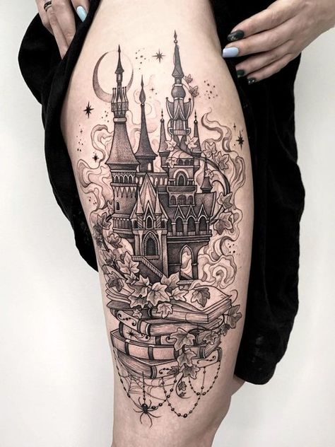 Castle Tattoo, Bookish Tattoos, Fantasy Tattoos, Spooky Tattoos, Rosen Tattoo, Tatuaje A Color, Horror Tattoo, Thigh Tattoos Women, Book Tattoo