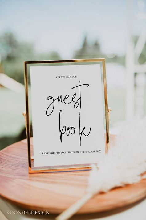 "Wedding guestbook sign for wedding with floating 5x7\" gold frame. ----------------- AVAILABLE OPTIONS - PRINTED SIGN + GOLD FRAME         Both the sign and frame are shipped to you! The frame is 5x7\" and the sign is 4x6\" - SIGN ONLY          5x7\" printed sign on thick card stock for you to use in your own frame or stand. Size can be adjusted ----------------- Digital Version:  More wedding sign options: https://www.etsy.com/shop/KoondelDesign?&section_id=32093936 ----------------- Thank you Open Bar Sign, Welcome Table, Sparkler Send Off, Modern Minimalist Wedding, Favors Sign, Love Sparkle, Thursday Friday, Monday Tuesday, Guest Book Sign