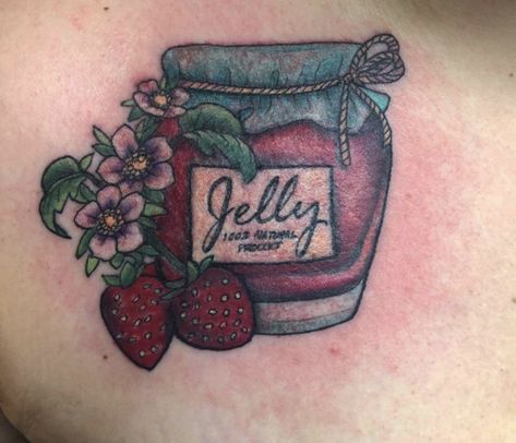 Jam Jar Tattoo, Mason Jar Tattoo, Jar Tattoo, Traditional Tattoo Inspiration, Jar Of Jam, Scar Tattoo, Tattoos For Women Flowers, Strawberry Jelly, Vintage Jars