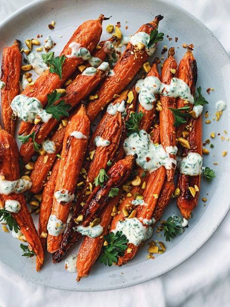 Roasted Spicy Honey Carrots With Yogurt Sauce - Walder Wellness Walder Wellness, Parsley Sauce, Honey Carrots, Carrots Side Dish, Greek Yogurt Sauce, Honey Roasted Carrots, Whipped Feta, Spicy Honey, Feta Salad